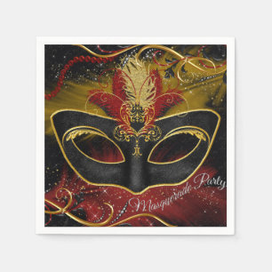 Sparkle Red & Gold Feather Masquerade Napkin Serviette