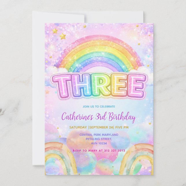 Sparkle Regenbogen 3. Geburtstagsfeier Einladung (Vorderseite)