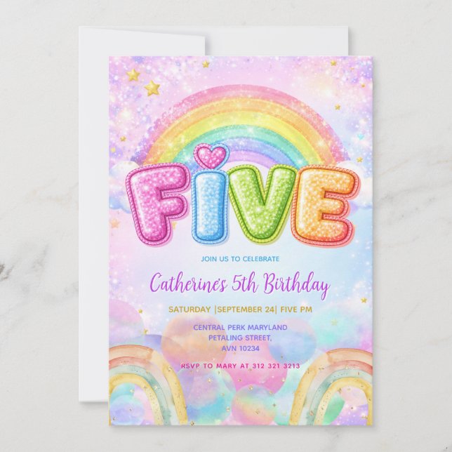 Sparkle Regenbogen 5. Geburtstagsfeier Einladung (Vorderseite)