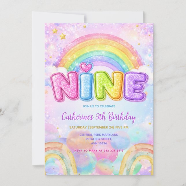Sparkle Regenbogen 9. Geburtstagsfeier Einladung (Vorderseite)