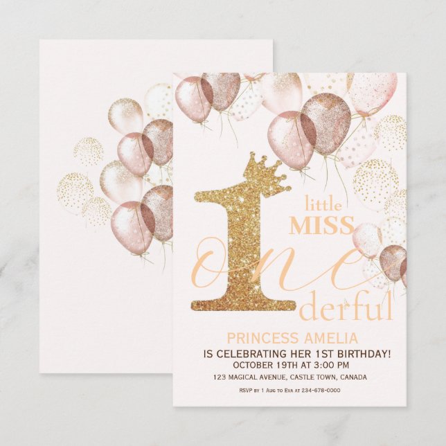 Sparkle Rosa Goldkronprinzessin Erster Geburtstag Einladung (Vorne/Hinten)