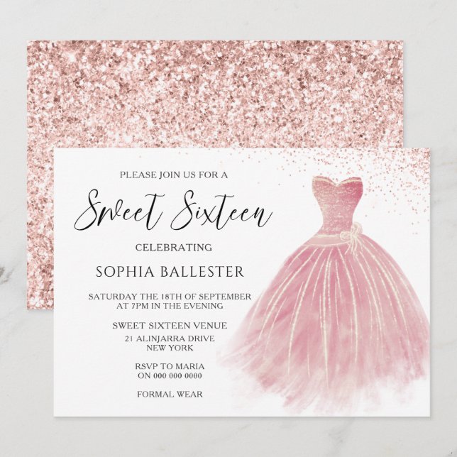 Sparkle Rose Gold Blush Gown Sweet 16 Party Einladung (Vorne/Hinten)