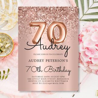 Sparkle Rose Gold Glitzer Ballon 70. Geburtstag Einladung