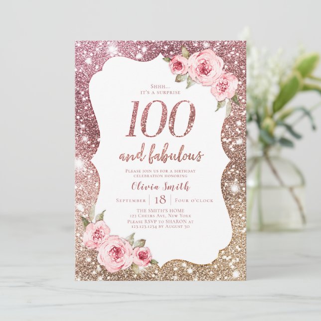 Sparkle Rose Gold Glitzer & Blüten 100. Geburtstag Einladung (Stehend Vorderseite)