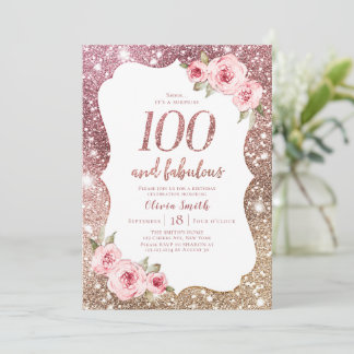 Sparkle Rose Gold Glitzer & Blüten 100. Geburtstag Einladung