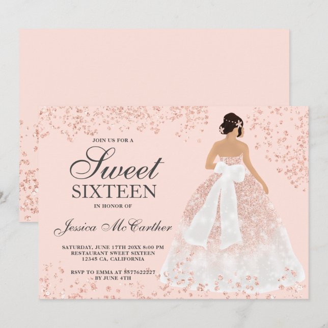 Sparkle Rose Gold Glitzer Kleid Chic Sweet 16 Einladung (Vorne/Hinten)