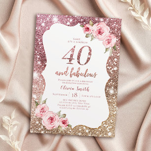 Sparkle Rose Gold Glitzer und Blumengärten 40. Geb Einladung
