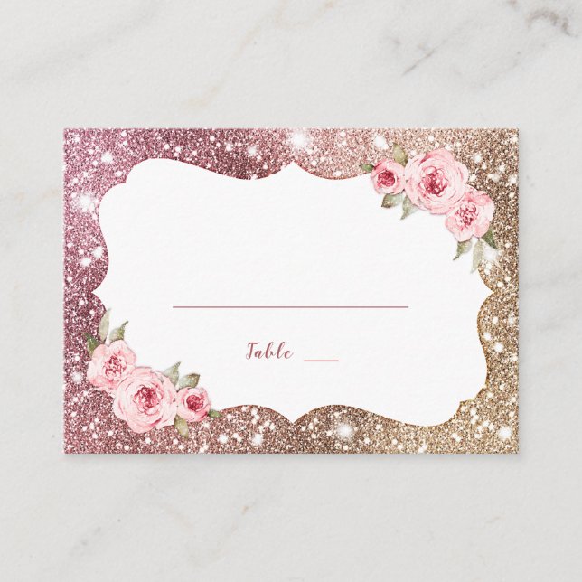Sparkle Rose Gold Glitzer und Blumenhochzeit Platzkarte (Vorderseite)