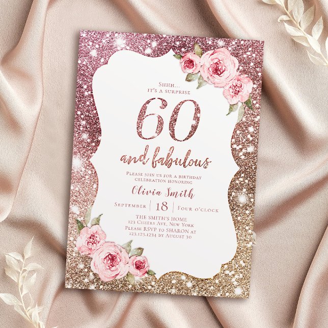 Sparkle Rose Gold Glitzer und blumenreich 60. Gebu Einladung (Sparkle rose gold glitter and floral 60th birthday invitation)