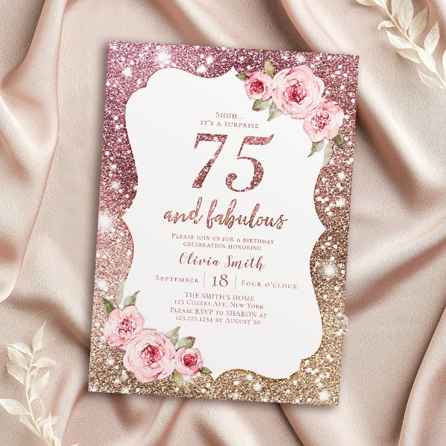 Sparkle Rose Gold Glitzer und Blumenstrauß 75. Einladung (Sparkle rose gold glitter and floral 75th birthday invitation)