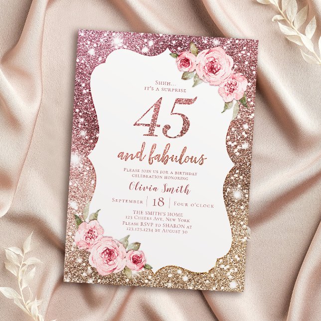 Sparkle Rose Gold Glitzer und Blüten 45. Geburtsta Einladung (Sparkle rose gold glitter and floral 45th birthday invitation)