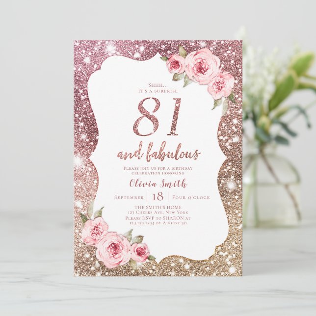 Sparkle Rose Gold Glitzer und Blüten 81. Geburtsta Einladung (Stehend Vorderseite)