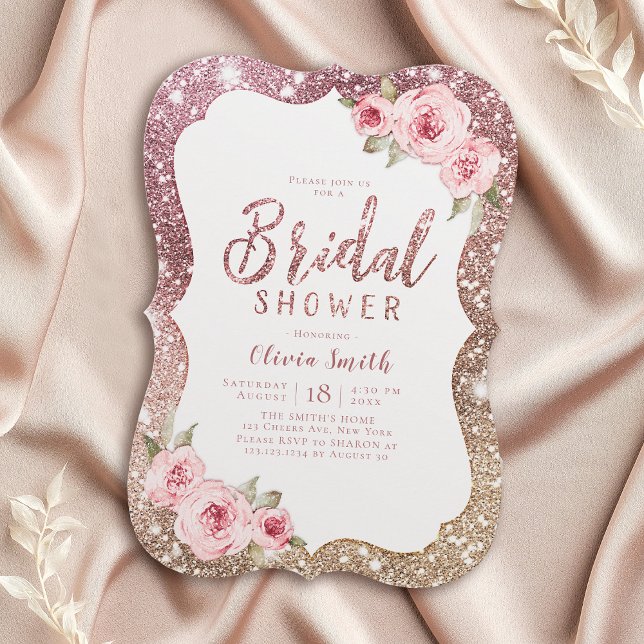 Sparkle Rose Gold Glitzer und Brautparty Einladung (Sparkle rose gold glitter and floral bridal shower invitation)