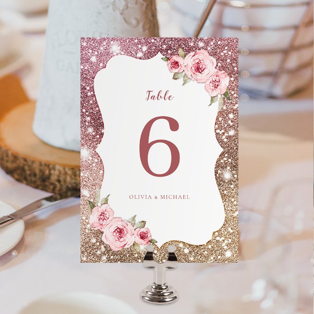 Sparkle Rose Goldmedaille Glitzer und blumenreiche Tischnummer (Sparkle rose gold glitter and floral Wedding Table Number card)