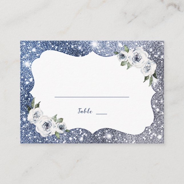 Sparkle Silver Blue Glitzer und Blumenhochzeit Platzkarte (Vorderseite)