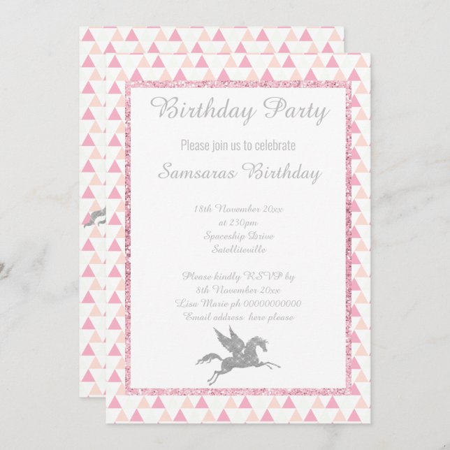 Sparkle SILVER Einhorn WHITE PINK PATTERN GEBURTST Einladung (Vorne/Hinten)