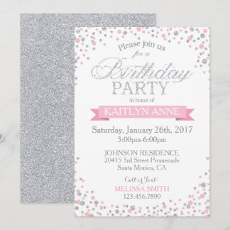 Sparkle Silver Glitzer und rosa Sprinklen Geburtst Einladung