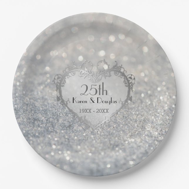 Sparkle Silver Heart 25. Hochzeitstag Pappteller (Vorderseite)
