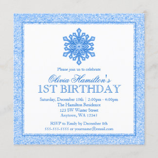 Sparkle Snowflake Blue 1. Geburtstag Einladung