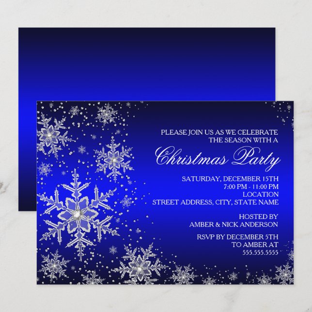 Sparkle Snowflake Blue Christmas Party Invitation (Devant / Derrière)