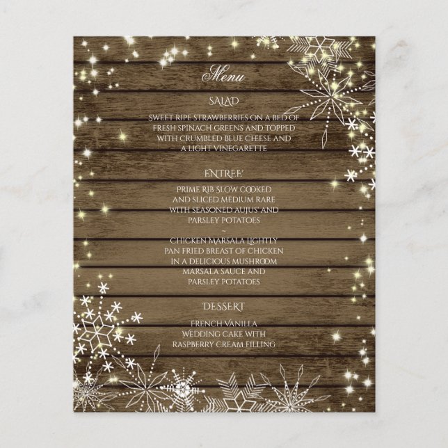 Sparkle Snowflakes und Barn Wood Wedding Menu (Vorderseite)