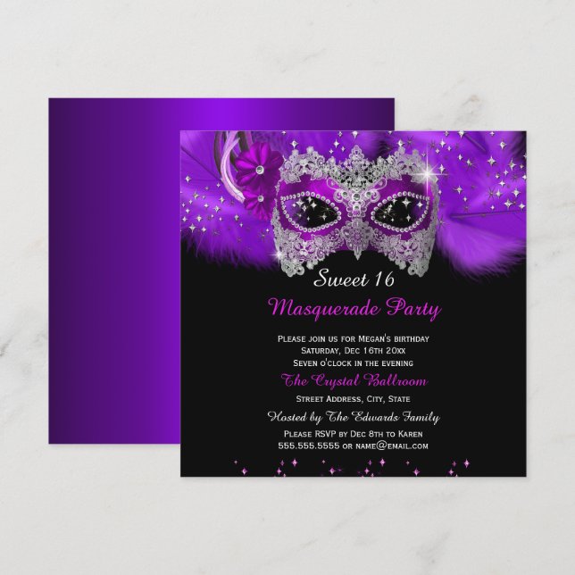 Sparkle Spitzen Maske Lila Masquerade Sweet 16 Einladung (Vorne/Hinten)