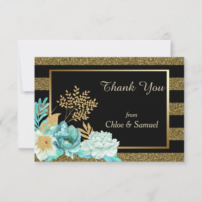 Sparkle Stripe Gold Minze Blumenhochzeit Dankeskarte (Vorderseite)