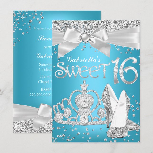 Sparkle Tiara Heelses Sweet 16 Invite Blue Einladung (Vorne/Hinten)