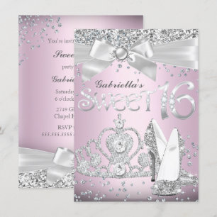 Sparkle Tiara & Heelses Sweet 16 Invite Light Pink Einladung