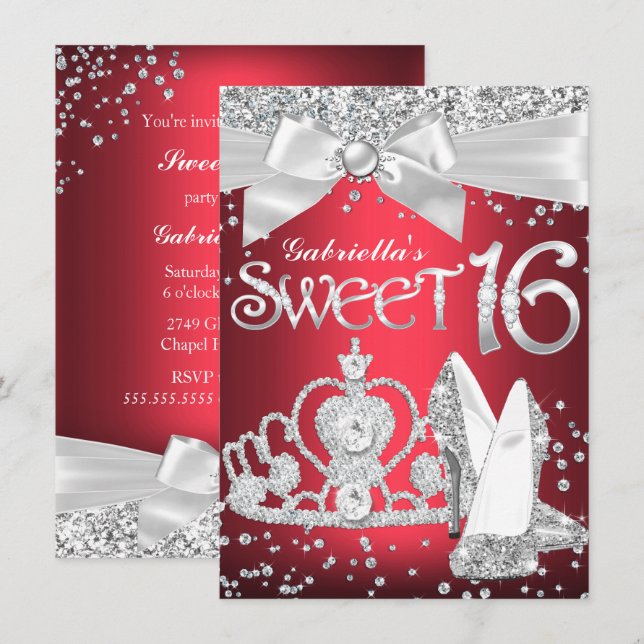 Sparkle Tiara Heelses Sweet 16 Invite Red Einladung (Vorne/Hinten)