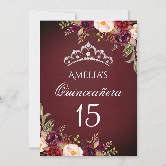 Sparkle Tiara Silver Burgundy Floral Quinceanera Einladung (Vorderseite)