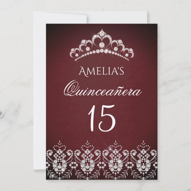 Sparkle Tiara Silver Burgundy Quinceanera Einladung (Vorderseite)