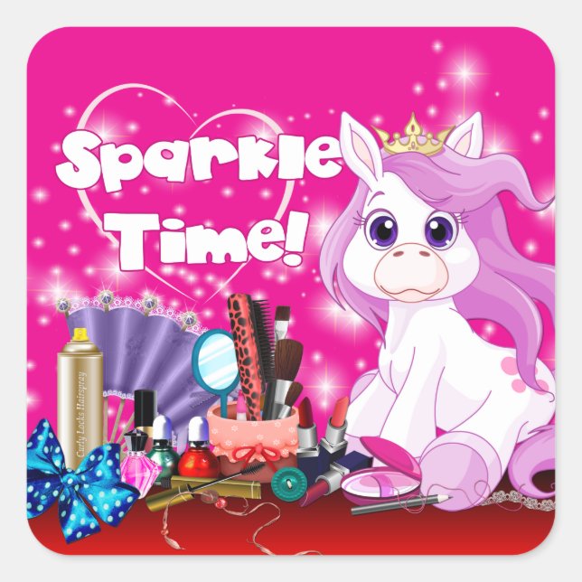 Sparkle Time Pony Makeup Party Quadratischer Aufkleber (Vorderseite)