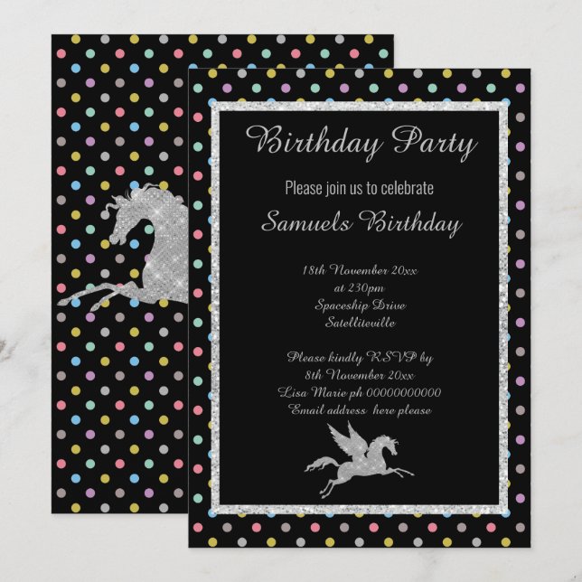 Sparkle Unicorn Schwarzes Pastel Spot Muster Gebur Einladung (Vorne/Hinten)