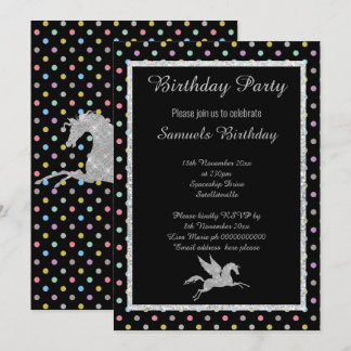 Sparkle Unicorn Schwarzes Pastel Spot Muster Gebur Einladung