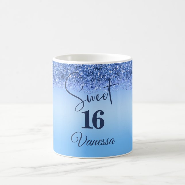 Sparkling Blue Imitats Glitzer Sweet 16 Kaffee Tas Kaffeetasse (Mittel)