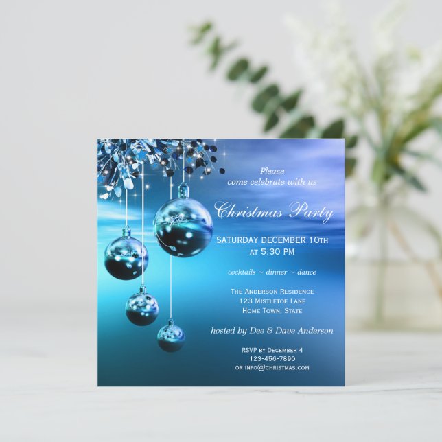 Sparkling Blue Moderne Weihnachts-Party Einladung (Stehend Vorderseite)