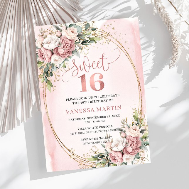 Sparkling Blush Pink Flowers Eucalyptus 16th Bday Einladung (Sparkling Blush Pink Flowers Eucalyptus 16th Birthday Invite

)
