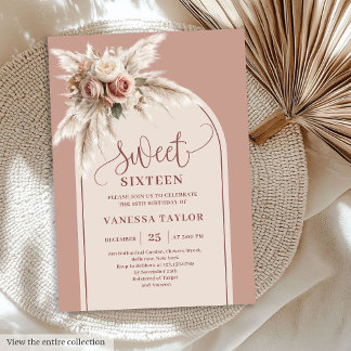 Sparkling Boho Arch Powder Pink Pampas Floral 16th Einladung