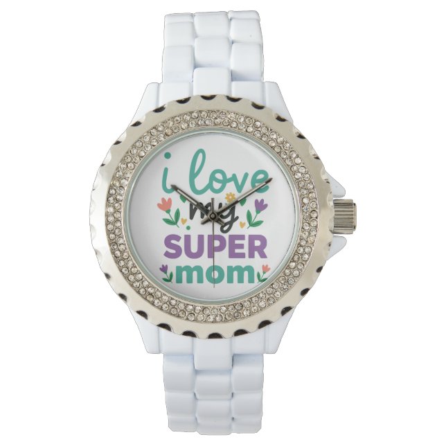 Sparkling Diamond Bezel Super Mom White Link Watch Armbanduhr (Vorderseite)