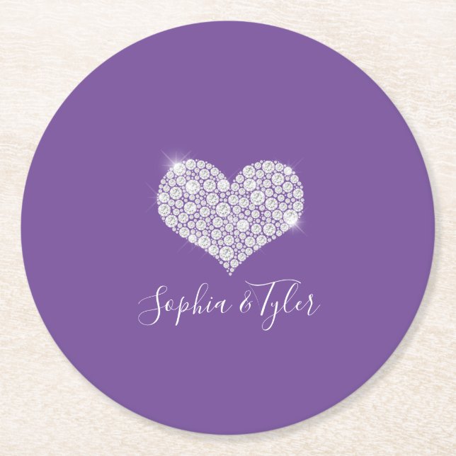 Sparkling Diamond Herz White Script Namen, Lila Runder Pappuntersetzer (Vorderseite)