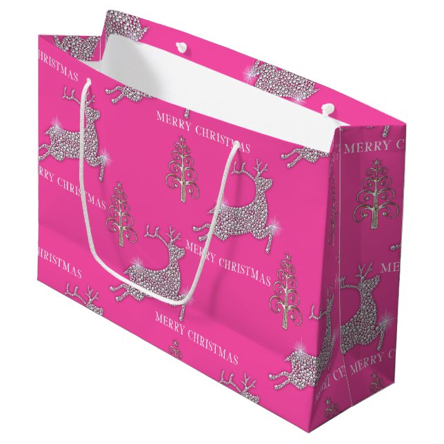 Sparkling Diamond Rentier an rosa Weihnachten Große Geschenktüte (Vorderseite Schrägansicht)