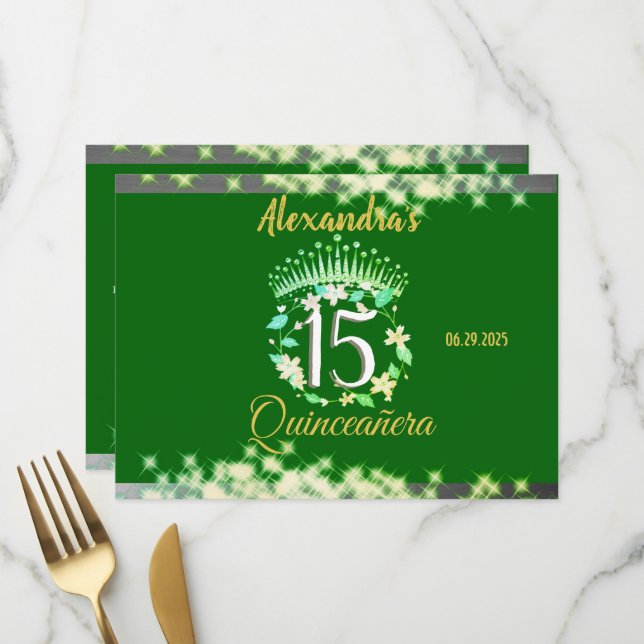 Sparkling Emerald Green Quinceañera Spanisch Menükarte (Vorderseite/Rückseite Beispiel)