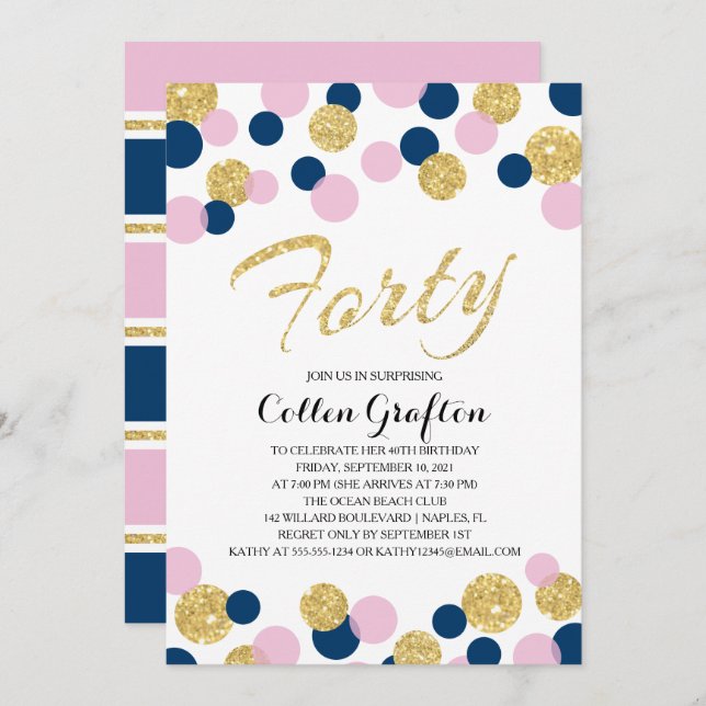 Sparkling Glitzer Confetti | 40. Geburtstag Einladung (Vorne/Hinten)