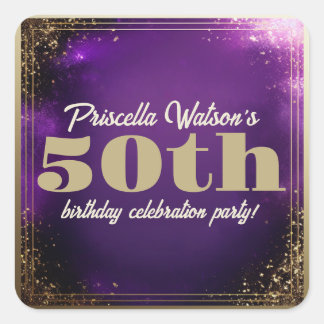 Sparkling Glitzer Lila und Gold Geburtstagsparty Quadratischer Aufkleber