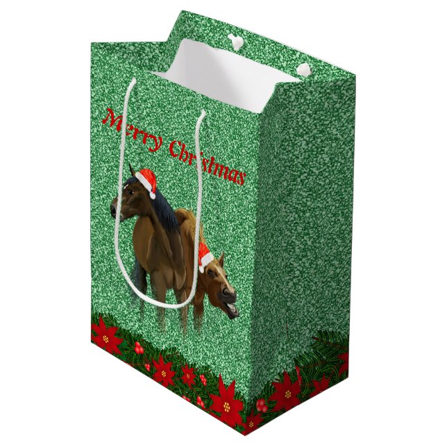 Sparkling Glitzer Pferde mit Weihnachtsmannmütze W Mittlere Geschenktüte (Vorderseite Schrägansicht)