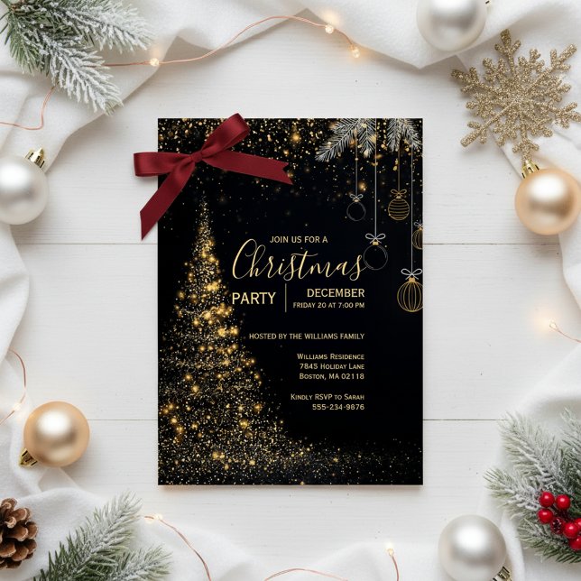 Sparkling Gold Christmas Tree Invitation (Magical Holiday Celebration)