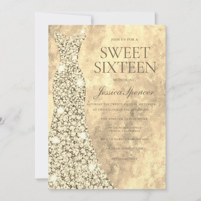 Sparkling Gold Glitzer Kleid Gown Sweet 16 16 Einladung (Vorderseite)