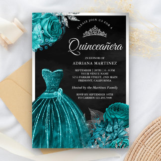 Sparkling Gown Aquamarine Rose Black Silver Quince Einladung