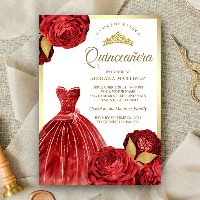 Sparkling Gown Rote Rosen Gold Quinceanera Einladung (Von Creator hochgeladen)